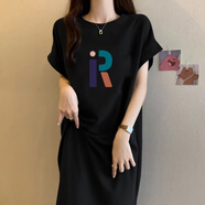 皮爾卡丹（pierre cardin）灰色純棉開(kāi)叉連衣裙2025新款女夏大碼女裝胖mm顯瘦寬松短袖t恤裙 黑色(彩色R字母)今年流行的輕奢 M 85-105斤