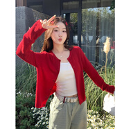 愛(ài)依服黃色針織開(kāi)衫女裝外套初夏2025新款開(kāi)夏穿搭吊帶內搭上衣韓系 酒紅色 L 【建議100-110斤】