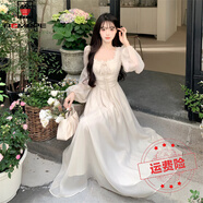 AEMAPE法式長(zhǎng)裙女裝2025春季新款方領(lǐng)氣質(zhì)仙女裙子質(zhì)感英倫風(fēng)桔梗長(zhǎng)裙女 杏色 M (90-100斤)