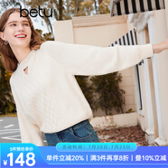 百圖betu女裝秋冬新款毛衣麻花復(fù)古扭繩圓領(lǐng)鏤空毛衣女2310T21 米白 XS