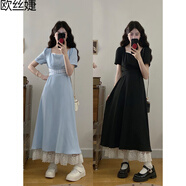 歐絲婕（OUSIJIE）大碼女裝胖MM法式氣質(zhì)方領(lǐng)格子綁帶夏季新款設(shè)計(jì)感時(shí)尚連衣裙女 黑色 XL 【120-140斤】