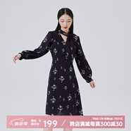艾萊依商場同款新款系帶蝴蝶結法式氣質連衣裙時尚百搭顯瘦長裙子 黑底色花 M 160/84A