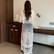 GOYN大碼女裝2025年夏季波西米亞鉤花鏤空前短后長針織罩衫連衣裙韓版 杏色 L 【建議100-120斤】