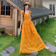 辣妹物語(yǔ)波西米亞黃色吊帶連衣裙女夏多巴胺明媚新疆旅游海邊度假海島長(cháng)裙 南瓜色 M