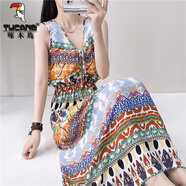 啄木鳥(niǎo)棉綢長(cháng)款連衣裙女大碼人造棉碎花裙高腰顯瘦沙灘裙無(wú)袖背心長(cháng)裙夏 修身612花色修/身 4XL 建議140斤-150斤