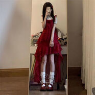 兔嵐不規則連衣裙前短后長(cháng)女2025夏季甜美度假風(fēng)設計感紅色小飛袖背帶 【單.件】紅色背帶連衣裙 S 【80-100】