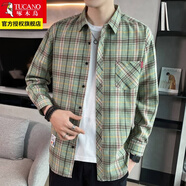 啄木鳥(niǎo)格子襯衫男士裝春秋季款外套休閑長(zhǎng)袖襯衣外穿衣服 2109綠色 L