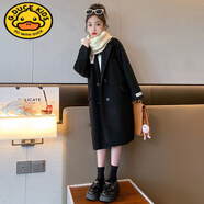 G.DUCKKIDS童裝女童毛呢外套2025新款大童女裝秋裝雙面妮子大衣兒童長(zhǎng)款風(fēng)衣 黑色【23253貼標(biāo)款】 160 cm