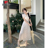 皮爾卡丹法式白色波點(diǎn)polo連衣裙感女夏季大碼胖mm顯瘦收腰雪紡長(cháng)裙子 杏色【仙氣飄飄/襯衫連衣裙/冷淡 M 【90-100斤】