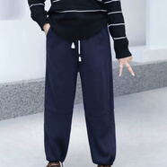 HKWZ230斤特大碼秋冬加絨松休閑褲200胖mm加肥寬松加厚抽繩簡(jiǎn)約衛褲女 藍色 5XL (建議體重180-210)