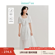 茵曼（INMAN）萊賽爾連衣裙2025夏季女裝新款蝴蝶結綁帶鏤空方領純色長裙 白色 S