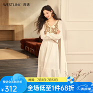 西遇V領(lǐng)連衣裙女2024年春季新款垂墜感長(zhǎng)袖梭織歐美長(zhǎng)裙 白色 S