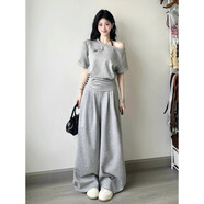 PMWRUN鹽系炸街運(yùn)動(dòng)服套裝女夏季寬松韓版時(shí)尚高級(jí)感短袖長(zhǎng)褲休閑兩件套 上衣褲子兩件套 L