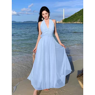 莫代爾法式赫本風(fēng)高端精致長(cháng)裙感溫柔甜美顯瘦米白色掛脖連衣裙女夏 baby藍色 XL 【115-125斤】