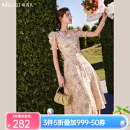 Olrain歐芮兒短袖碎花連衣裙女收腰顯瘦法式氣質(zhì)a字大擺裙度假沙灘裙子 花色 S 155/80A