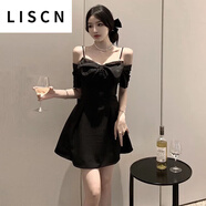LISCN連衣裙女2023夏季名媛氣質(zhì)性感蝴蝶結一字肩吊帶感生日禮服 黑色面料 M 建議95-110斤