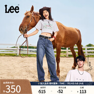 Lee【張凌赫代言】春夏中藍(lán)色水洗428懶懶褲高腰顯瘦女寬腿牛仔褲 中藍(lán)色1 26