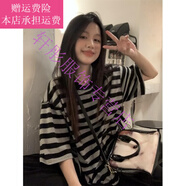 夢夢奇橫條紋短袖女t恤女裝夏季2025黑色女寬松休閑慵懶松弛半袖上 黑灰條紋 S