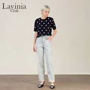 Lavinia Club拉維妮婭2025早春新款通勤上衣波點短款氣質(zhì)吳鳳喜圓領(lǐng)黑色毛衣女 藍底白點 S 160/84A