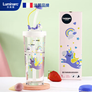 樂(lè )美雅鋼化耐熱變色吸管杯帶刻度玻璃水杯果汁牛奶杯 里爾獨角獸425ml