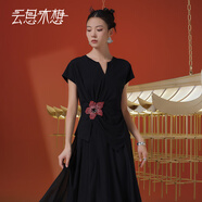 云思木想Ysimo-X摩登國風2025夏季繡花收腰短袖開叉T恤女13346 黑色 預(yù)售7-25發(fā) XL