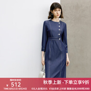 顏域時(shí)尚氣質(zhì)牛仔連衣裙女裝2024新款早春收腰顯瘦連身裙圓領(lǐng)裙子 深藍 L