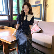 ROAR UTHAUG黑色娃娃領(lǐng)碎花連衣裙女中長(zhǎng)款2025夏季新款法式顯瘦赫本風(fēng)波點(diǎn)裙 黑色 S 建議【90-100斤】