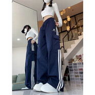 何佳功休閑褲女美式工裝小個(gè)子新款春秋季潮牌褲子寬松直筒拼色運(yùn)動(dòng)長(zhǎng)褲 藏青色 M (90-105斤）