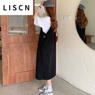 LISCN背帶連衣裙兩件套胖MM女裝2-300斤寬松顯瘦遮肚韓版鹽系夏季新款 黑色背帶裙 XL 建議[115-150斤]