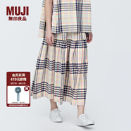 無印良品（MUJI）女式馬德拉斯格紋寬擺裙長半身裙夏款裙子半裙純棉格子裙女裝 象牙色格紋 S (155/62A)