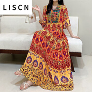 LISCN連衣裙女棉綢云南大理民族風(fēng)收腰復古刺繡海邊度假波西米亞大擺裙 長(cháng)裙異域風(fēng)情黃（預售） 3XL 130-140斤