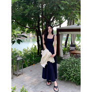 酷章（KUZHANG）酷章寬肩帶吊帶連衣裙女純色收腰顯瘦長(cháng)裙子海邊度假 藏藍色 S