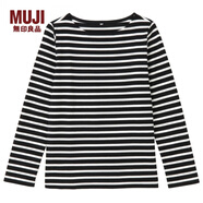 無印良品 MUJI 女式 粗棉線條紋長袖T恤 黑*橫條 S