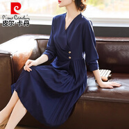 皮爾卡丹（pierre cardin）中年媽媽春裝長袖雪紡連衣裙中老年人女裝高貴喜婆婆婚宴禮服裙子 2372藏青色 L (建議85-100斤)