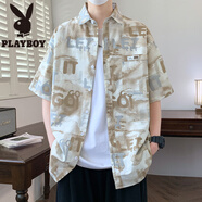 花花公子（PLAYBOY）印花襯衫男夏季2025年純棉舒適扎染短袖男美式潮流帥氣五分袖襯衣 2563咖啡 4XL 約165-180斤可穿