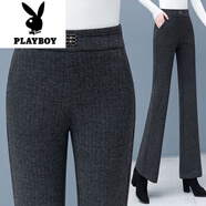 花花公子（PLAYBOY）加絨加厚微喇叭毛呢褲窄版羊毛呢褲高腰垂感媽媽大碼寬松直筒長(zhǎng)褲 三扣- 深灰色-春秋款 M (80-95斤)