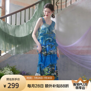 兩三事度假超仙的裙子女夏季紫色油畫藝術(shù)吊帶海邊連衣裙云霧睡蓮 藍(lán)色 L