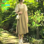YOMC2024學(xué)院風(fēng)小清新背帶裙女夏季寬松韓版顯瘦收腰小個子連衣裙套裝 杏色上衣+卡其色背帶裙 S _建議[65-105斤]
