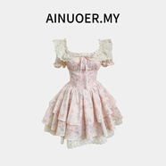 AINUOER.MY櫻織花刺繡花卉公主甜美風(fēng)微胖顯瘦小飛袖溫柔碎花短款短袖連衣裙 粉色短袖短款連衣裙 M