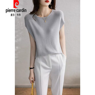 皮爾卡丹（pierre cardin）圓領(lǐng)冰|絲短袖針織衫薄款女夏季新款寬松顯瘦百搭蝙蝠袖洋氣上衣 淺灰色 【法式襯衫女/泡泡袖上衣 M