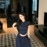 希蘇隆yy潮流精品女裝嚴選藏青色辣妹修身短袖T恤夏季純色緊身顯身材正 藏藍色上衣 S 【80-90斤】