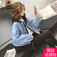 AEMAPE外套女2025春秋冬季新款歐洲站假兩件衛衣拼接牛仔短外套女 黑色連帽 XL