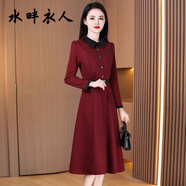 水畔衣人高端廣州十三行毛呢連衣裙女2025新款春季靚衣佰長(cháng)袖打底加厚裙子 紅色 【喜婆婆婚宴裝】 L 適合【106-115斤】