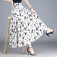 花花公子（PLAYBOY）碎花長(cháng)裙女半身裙夏季薄款雪紡高腰寬松顯瘦印花a字百褶大擺裙子 白色版 均碼 85-140斤可穿