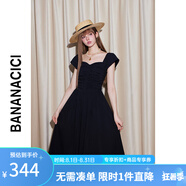 banana cici2024年夏季新款法式復古方領休閑A字長款短袖連衣裙女C242LY776 黑色 S