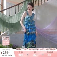 兩三事度假超仙的裙子女夏季紫色油畫藝術(shù)吊帶海邊連衣裙云霧睡蓮 藍色預(yù)售 M