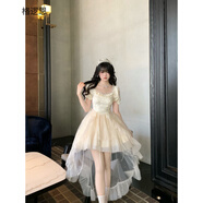 格邏恩（GELUOEN）法式大蝴蝶結(jié)提花公主裙子女夏季2025新款仙女生日蓬蓬拖尾連衣裙 杏色裙+可拆卸裙擺+大蝴蝶結(jié) 均碼 【可備注碼數(shù)】