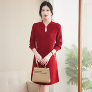 FHHUABD秋冬時尚針織連衣裙厚款毛線裙子中年女裝新款長款毛針織裙毛衣裙 紅色 L 建議90-110斤