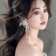 曉夢(mèng)新娘耳環(huán)日韓森系流蘇仙氣羽毛耳釘甜美串珠耳飾結(jié)婚禮服配飾 耳夾一對(duì)