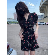 尚都比拉超好看的連衣裙收腰顯瘦復(fù)古碎花V領(lǐng)短袖連衣裙女夏季新款設(shè)計(jì)感 黑色 L建議110-118斤 均碼